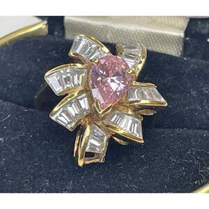 Sterling Silver Pink & Clear Stone Goldwashed Ring Size 6